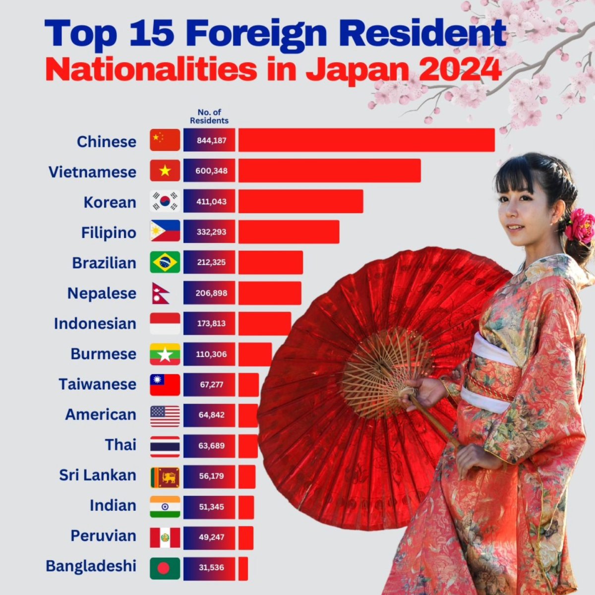 Top 15 Foreign Resident Nationalities in Japan, 2024