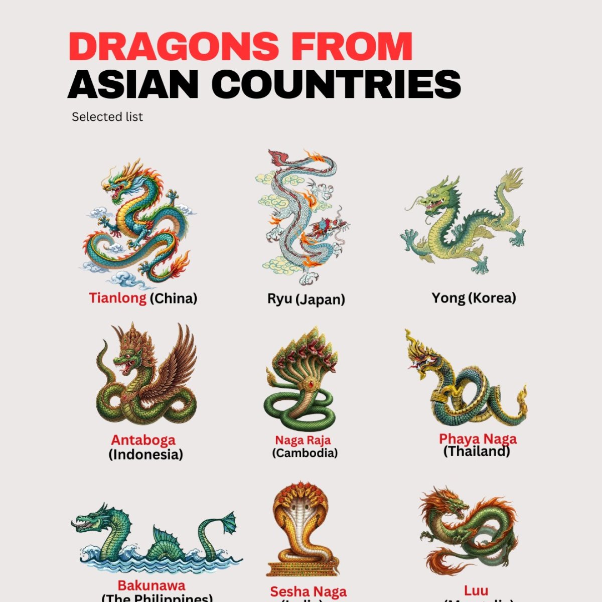 Various Dragons from Asian Countries